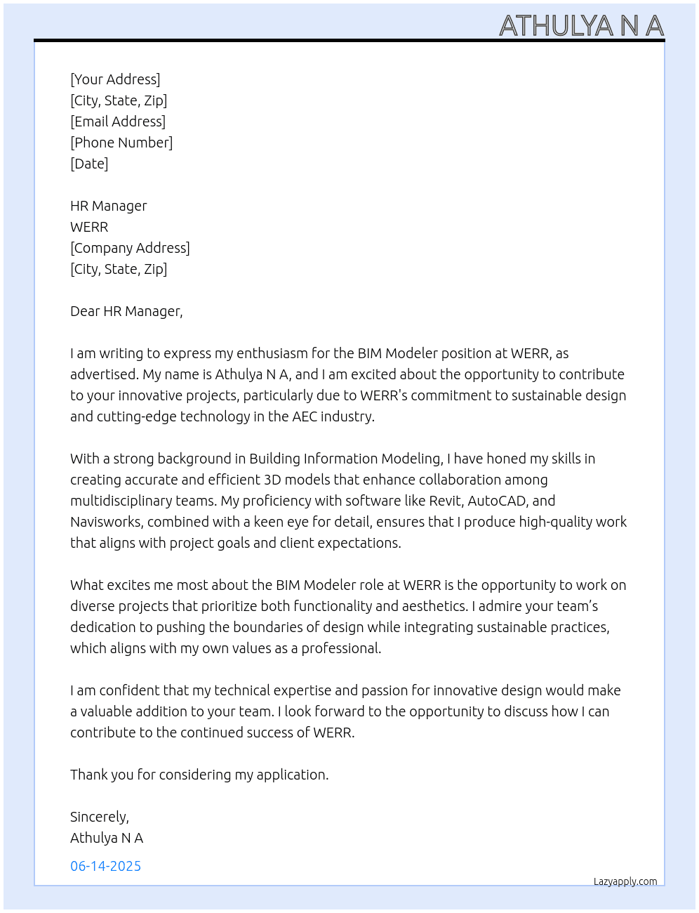 Bim modeler At WERR Cover Letter
