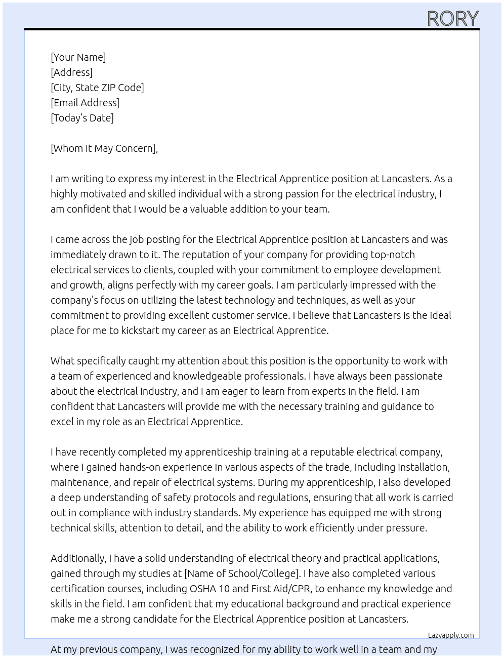 Electrical Apprentice At Lancasters Cover Letter