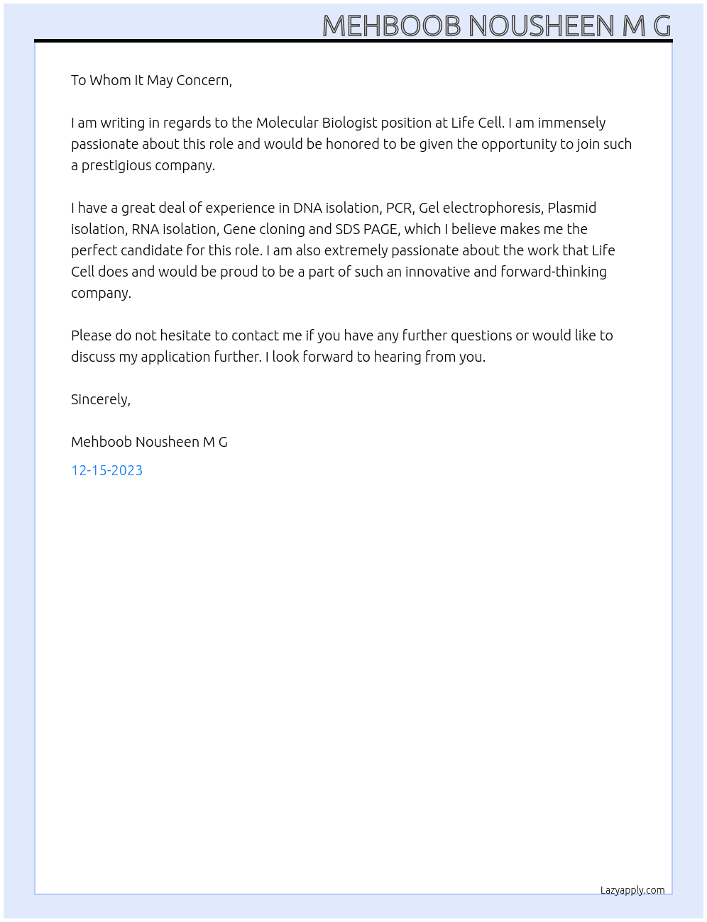 Molecular Biologist At Life Cell Cover Letter