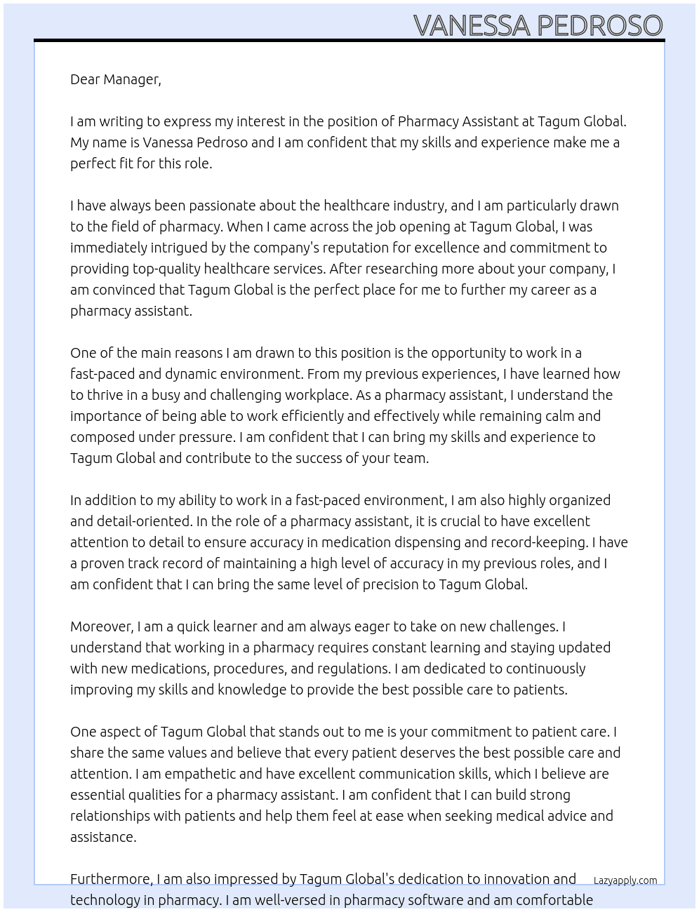 pharmacy assistant  At Tagum Global Cover Letter