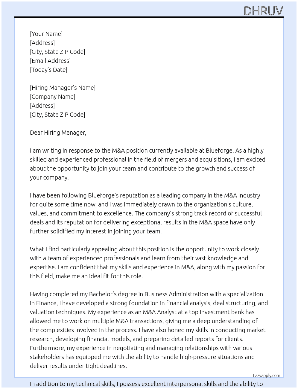 M&A  At Blueforge Cover Letter