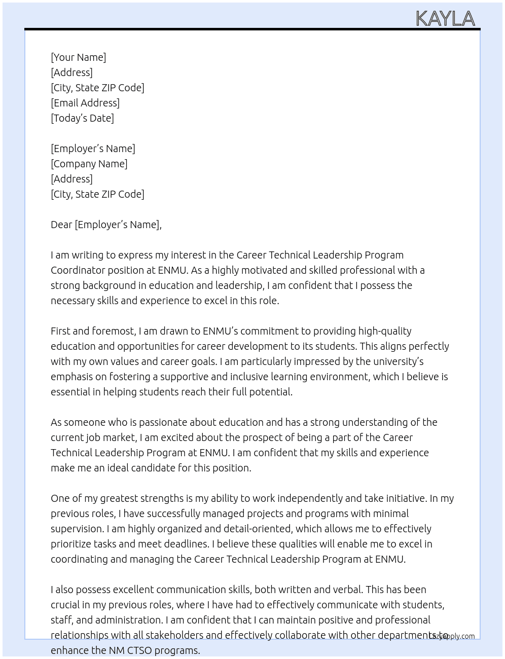 Career Technical Leadership Program Coordinator  At ENMU Cover Letter
