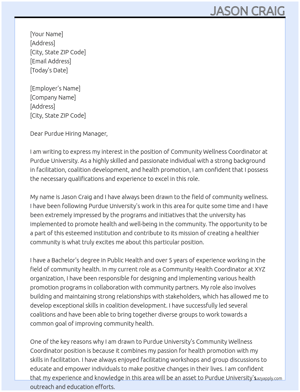 Community Wellness Coordinator At Purdue University Cover Letter