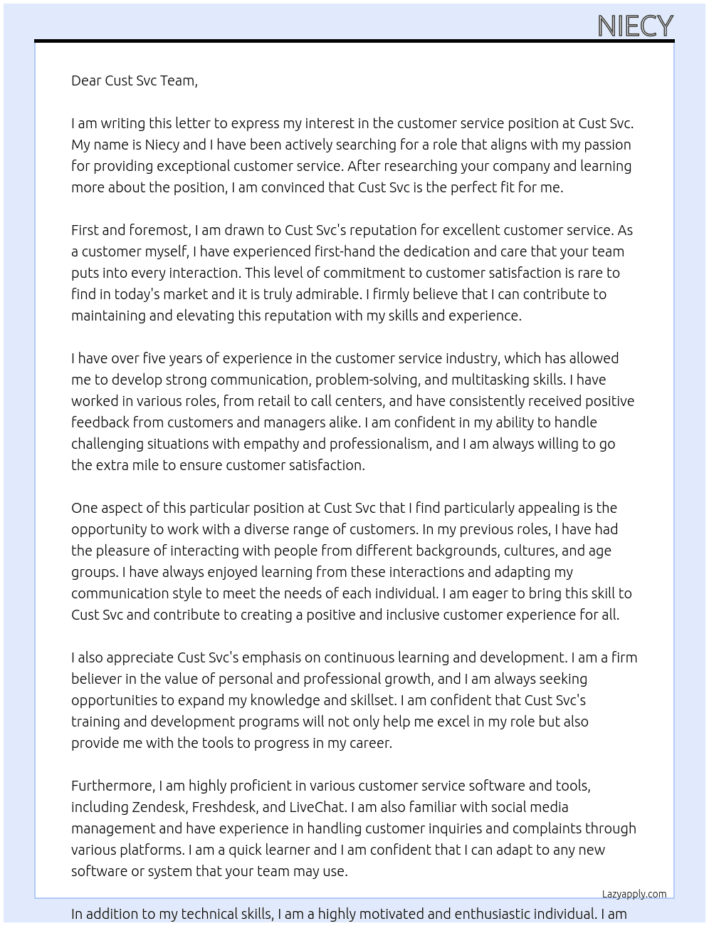 customer service At Cust Svc Cover Letter