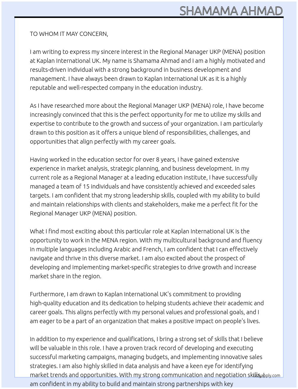 Regional Manager UKP (MENA) At Kaplan International UK Cover Letter