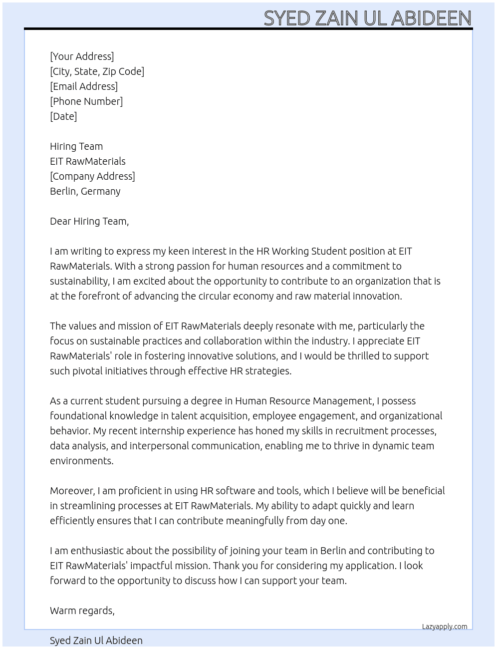 HR Working Student At EIT RawMaterials Cover Letter