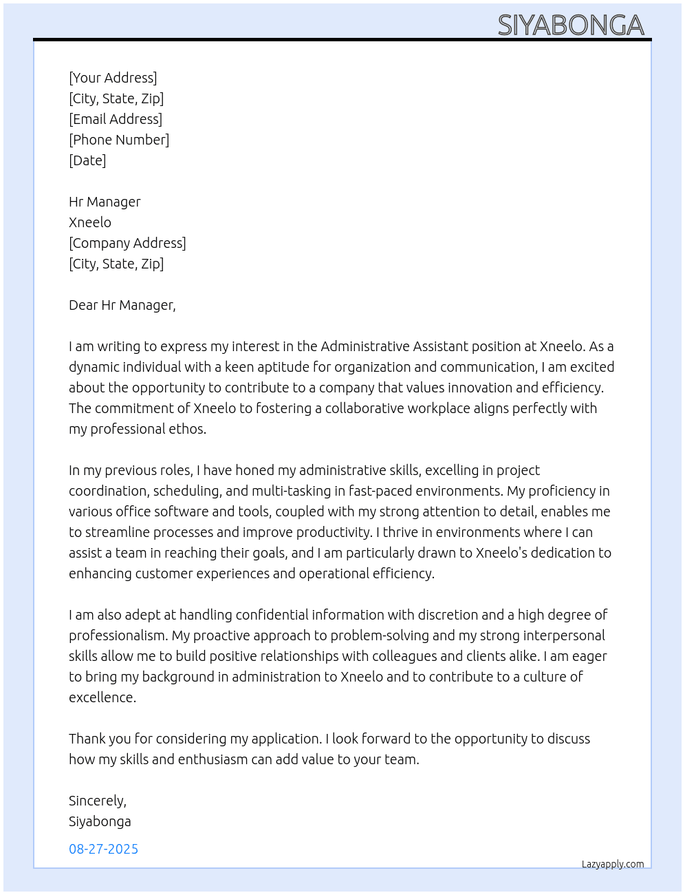 Administrative Assistant At Xneelo Cover Letter
