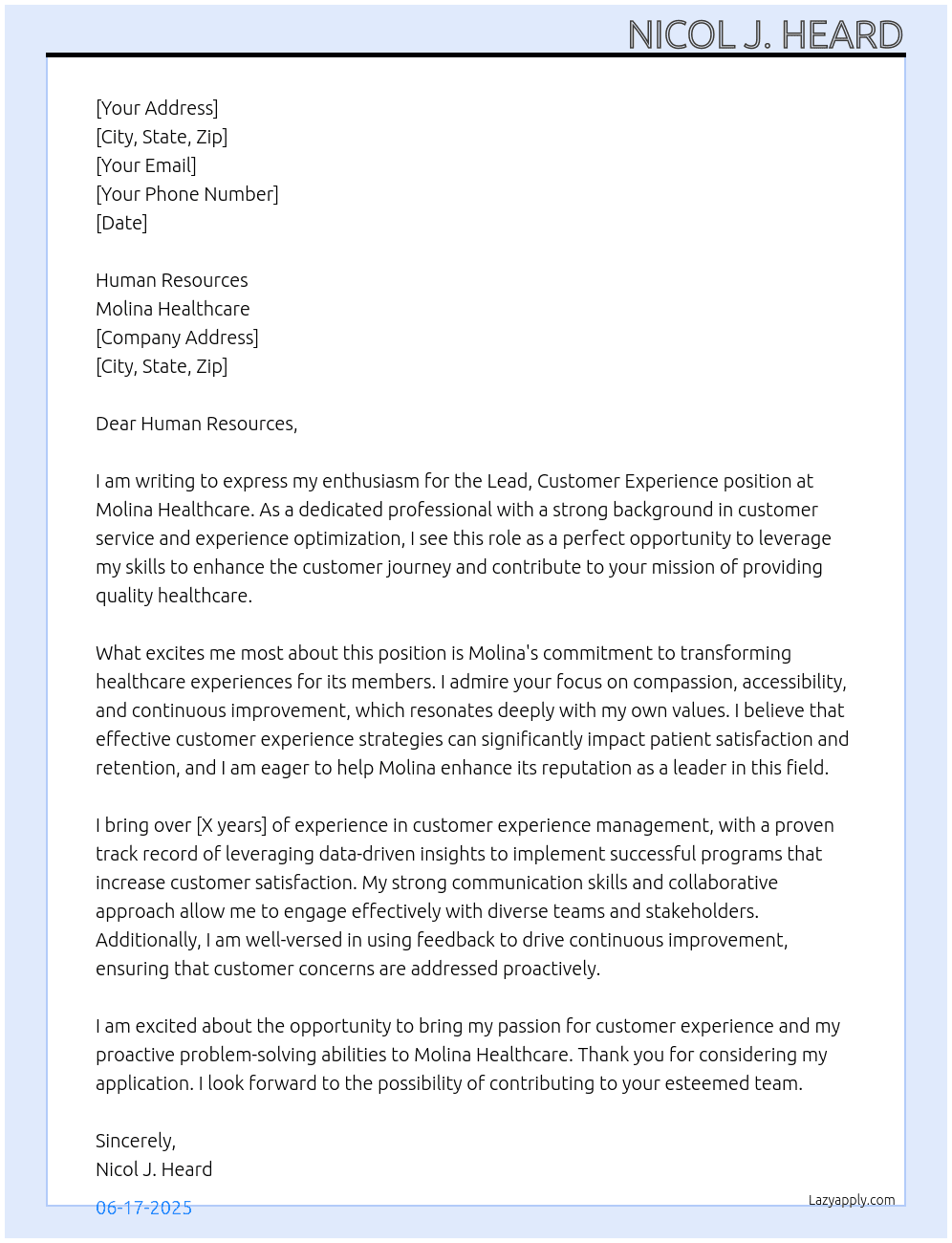 Lead, Customer Experience At Molina Healthcare Cover Letter