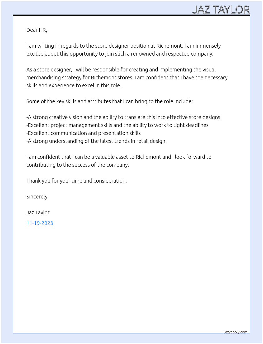 store designer At richemont Cover Letter