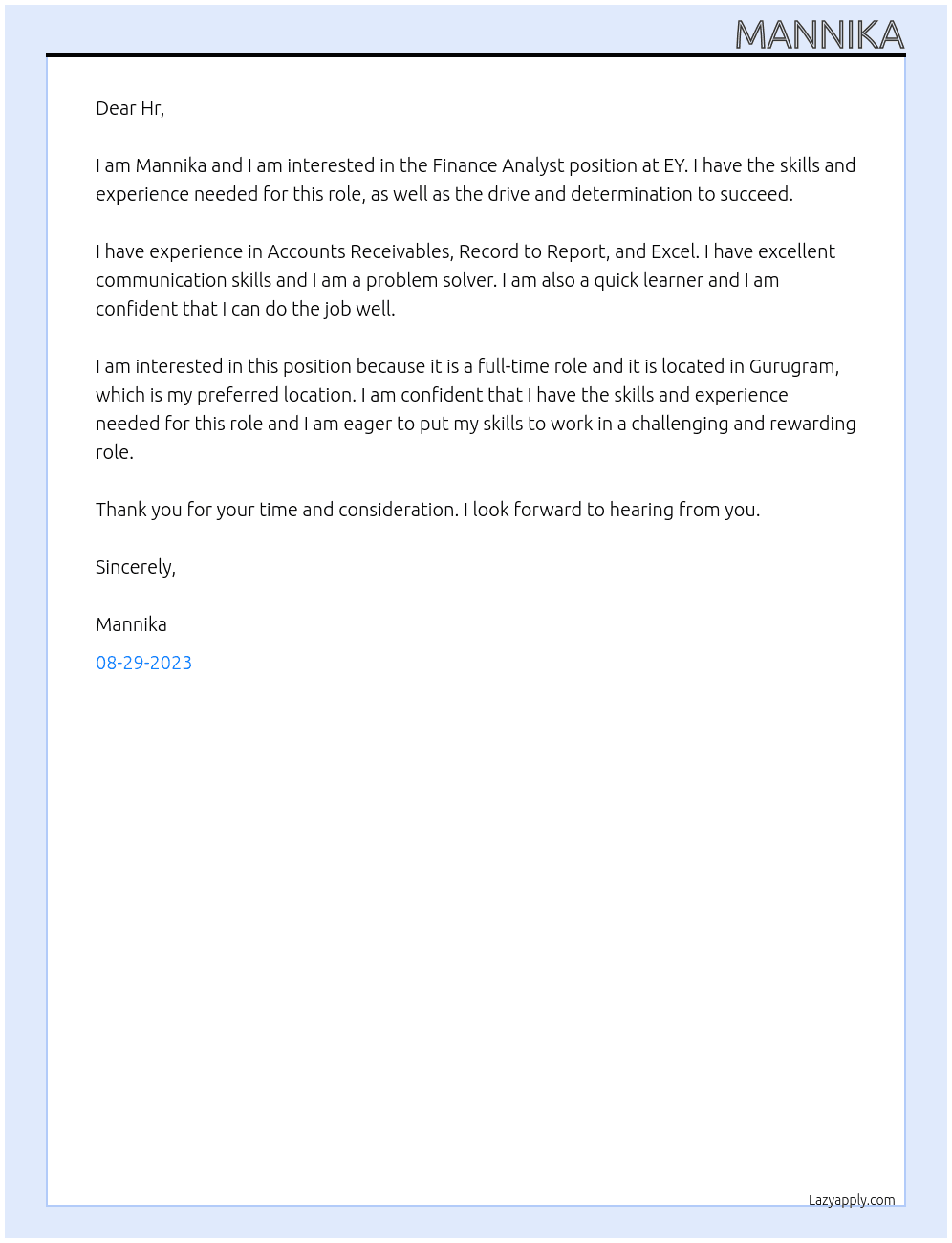 Finance Analyst At EY  Cover Letter