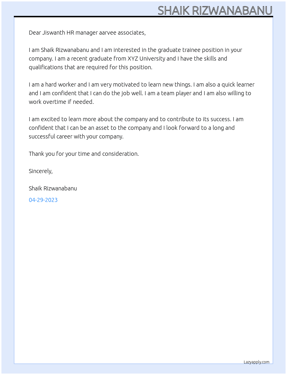 graduate trainee At Aarvee Cover Letter