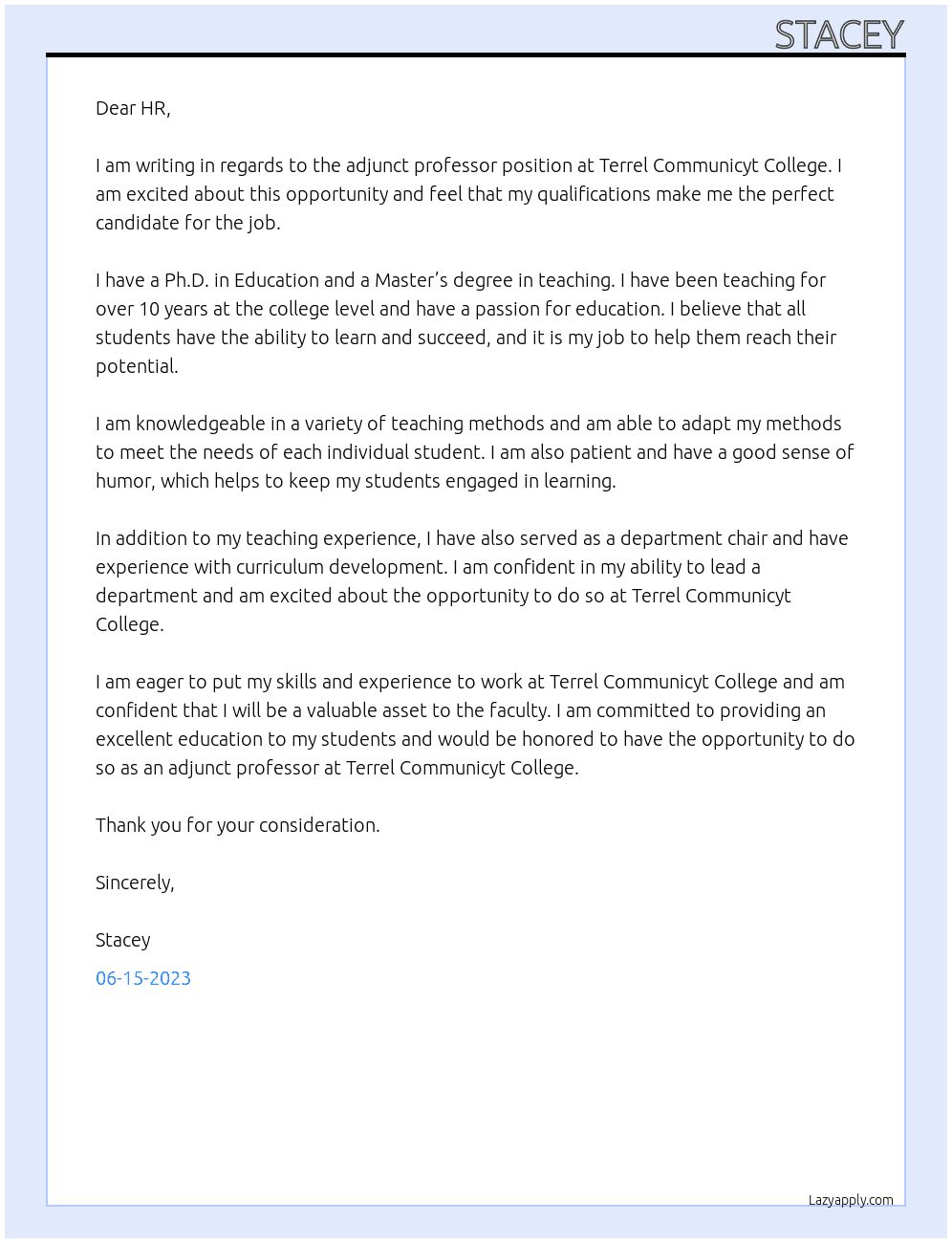 Cover letter for adjunct professor - LazyApply
