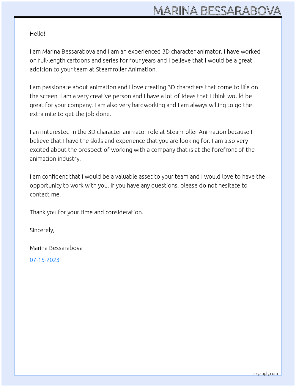 3d animator At Steamroller Animation Cover Letter