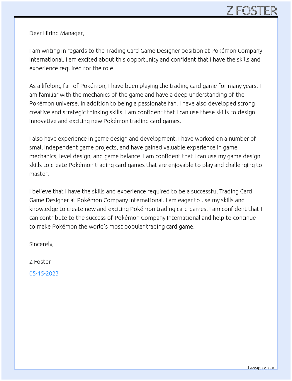 Trading Card Game Designer At Pokémon Company International Cover Letter