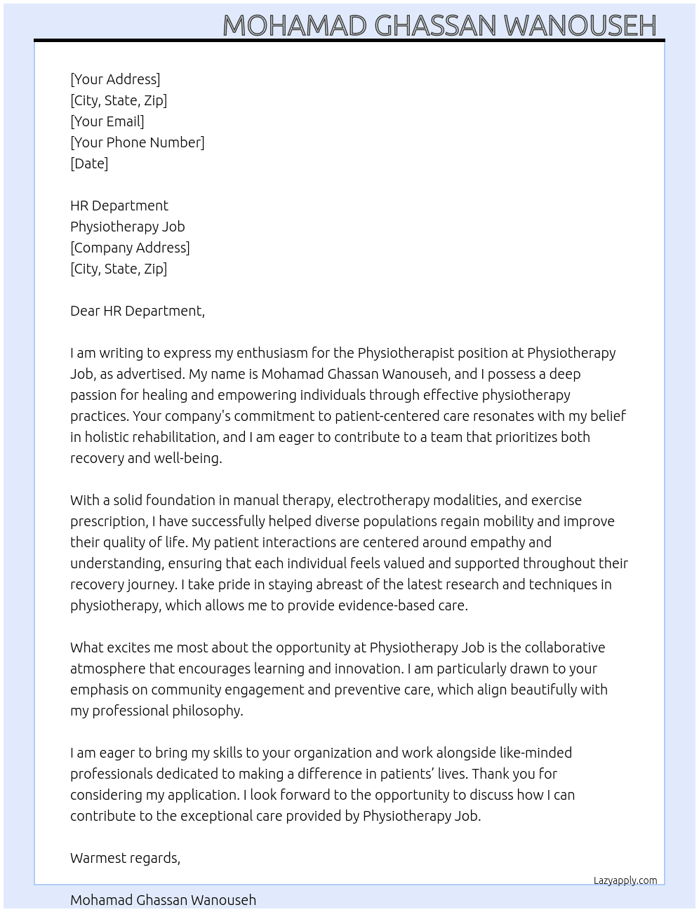 Physiotherapist  At Physiotherapy Job Cover Letter