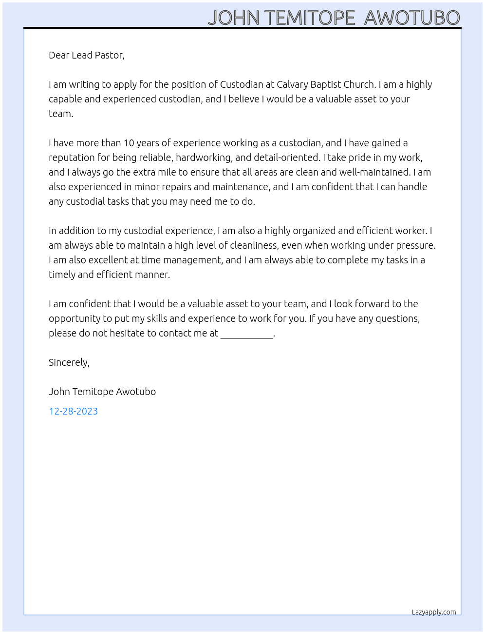 church Custodian At Calvary Baptist Church Cover Letter