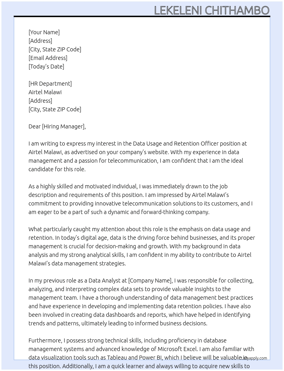 Data usage and retention officer  At Airtel Malawi  Cover Letter