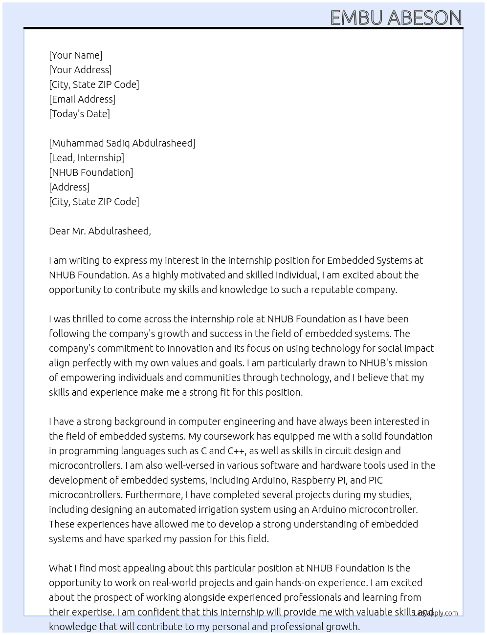 embedded systems ,  At NHUB FOUNDATION Cover Letter