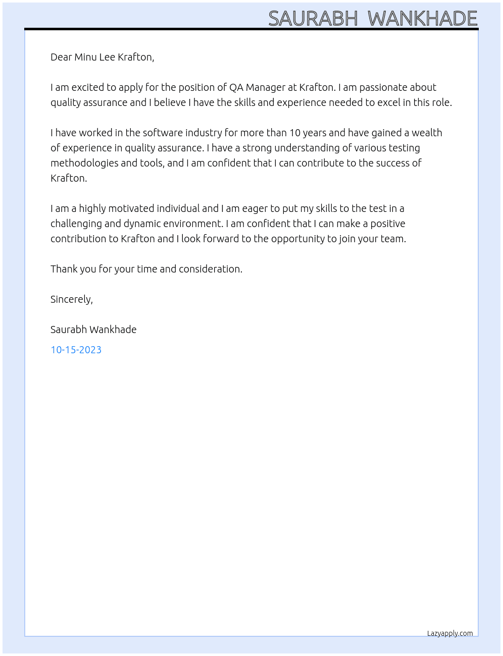 QA Manager At Krafton Cover Letter