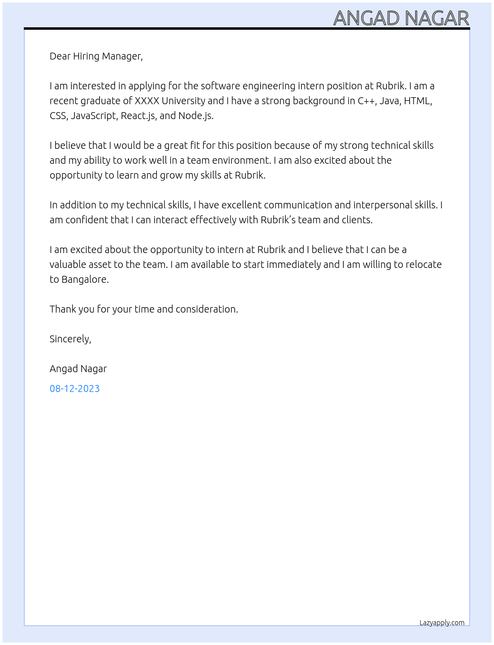 Software Engineering Intern At Rubrik Cover Letter