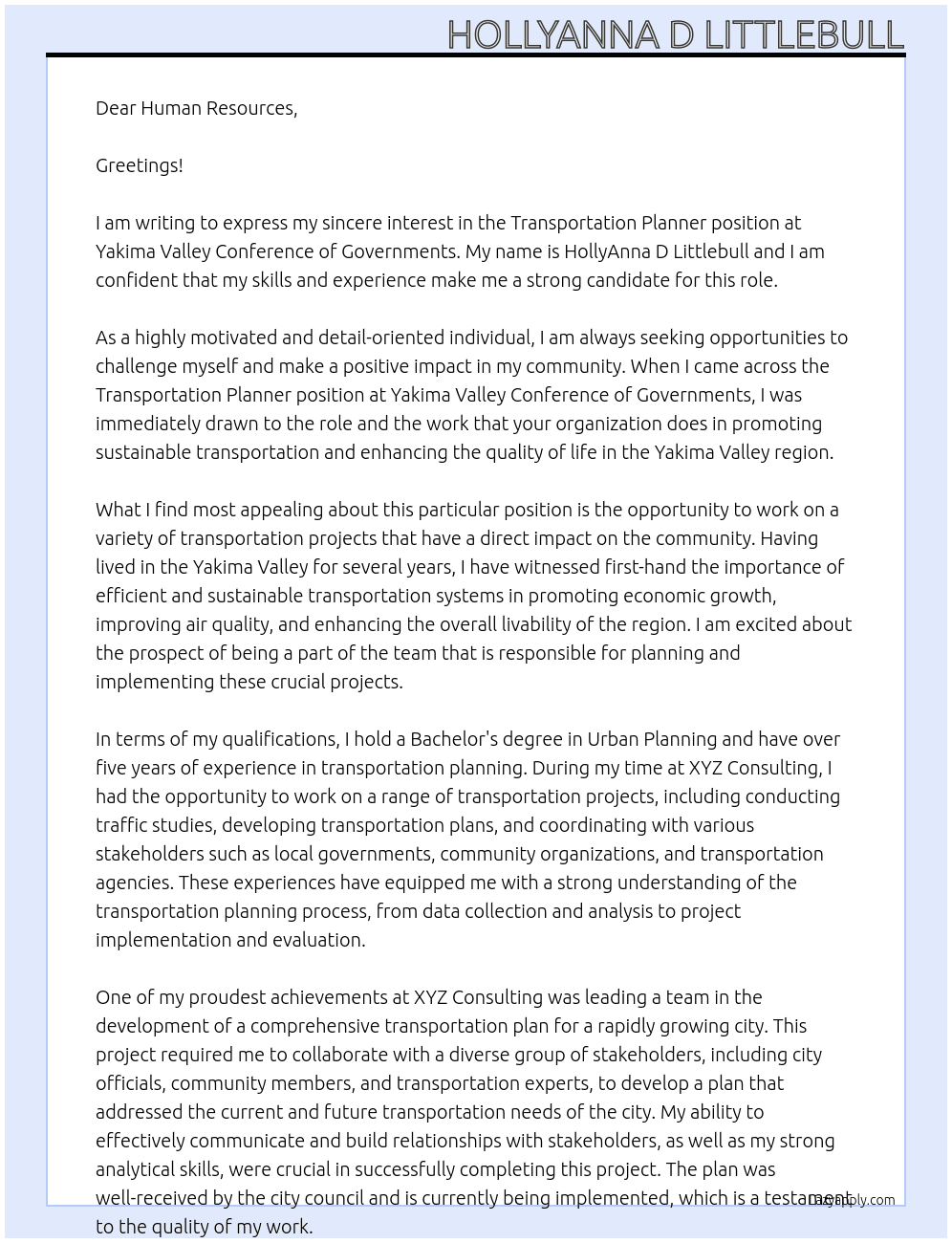 Transportation Planner At Yakima Valley Conference of Governments Cover Letter