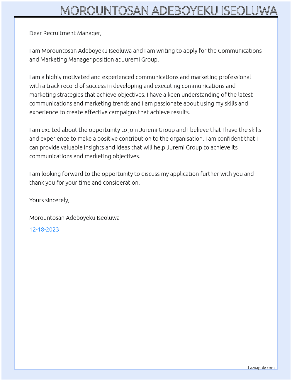 Communications and Marketing Manager At Juremi Group Cover Letter