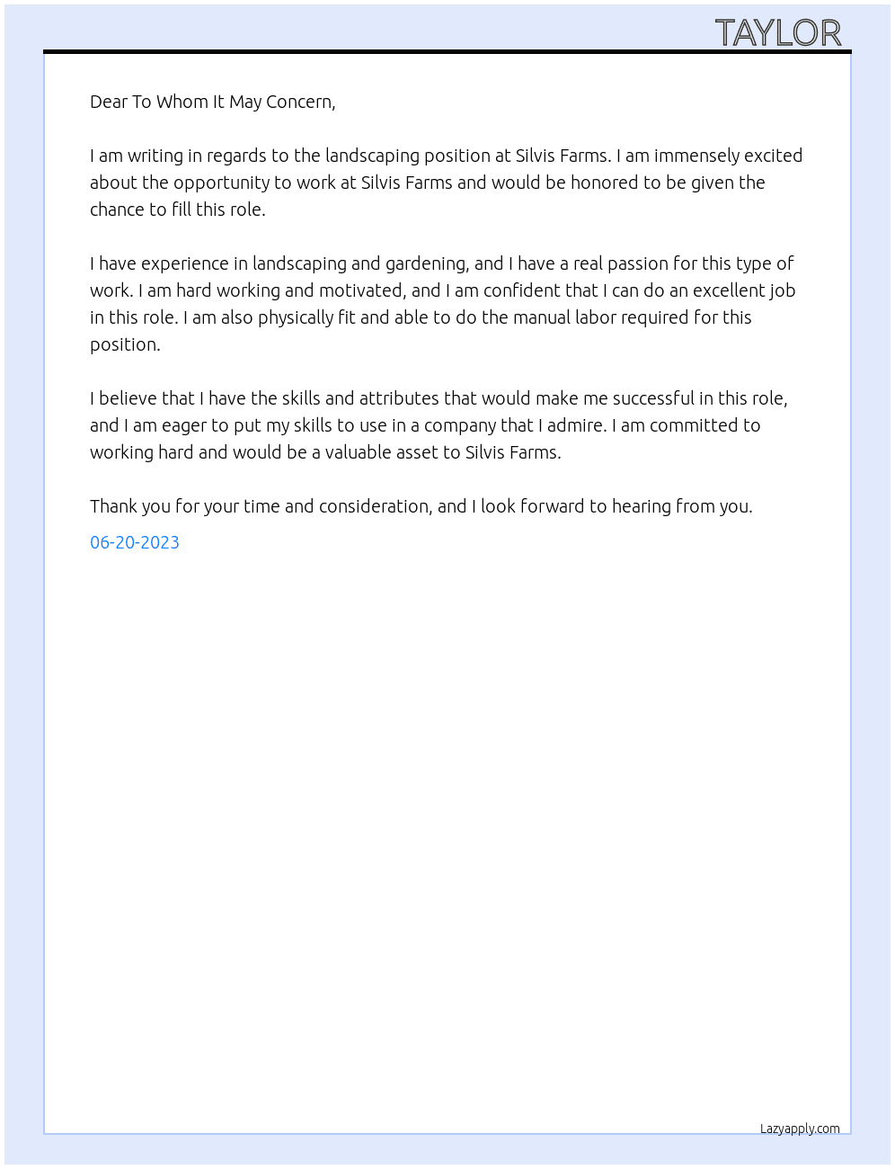 landcsaping At Silvis Farms Cover Letter