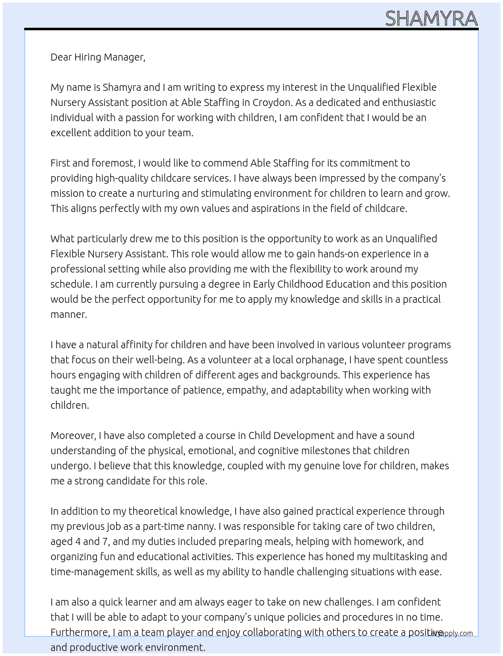 Unqualified Flexible Nursery Assistant – Croydon At Able staffing Cover Letter