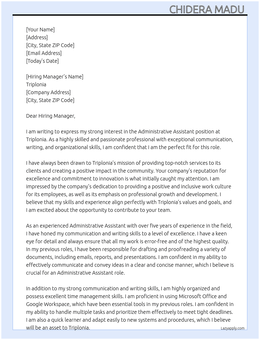 Administrative Assistant  At Triplonia Cover Letter
