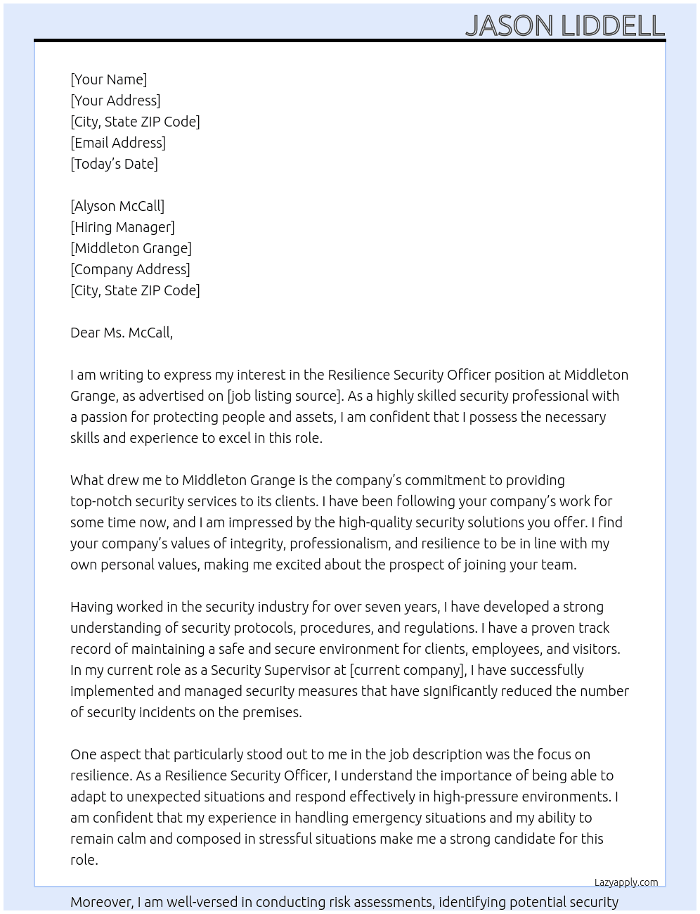 Resilience Security Officer At Middleton Grange Cover Letter