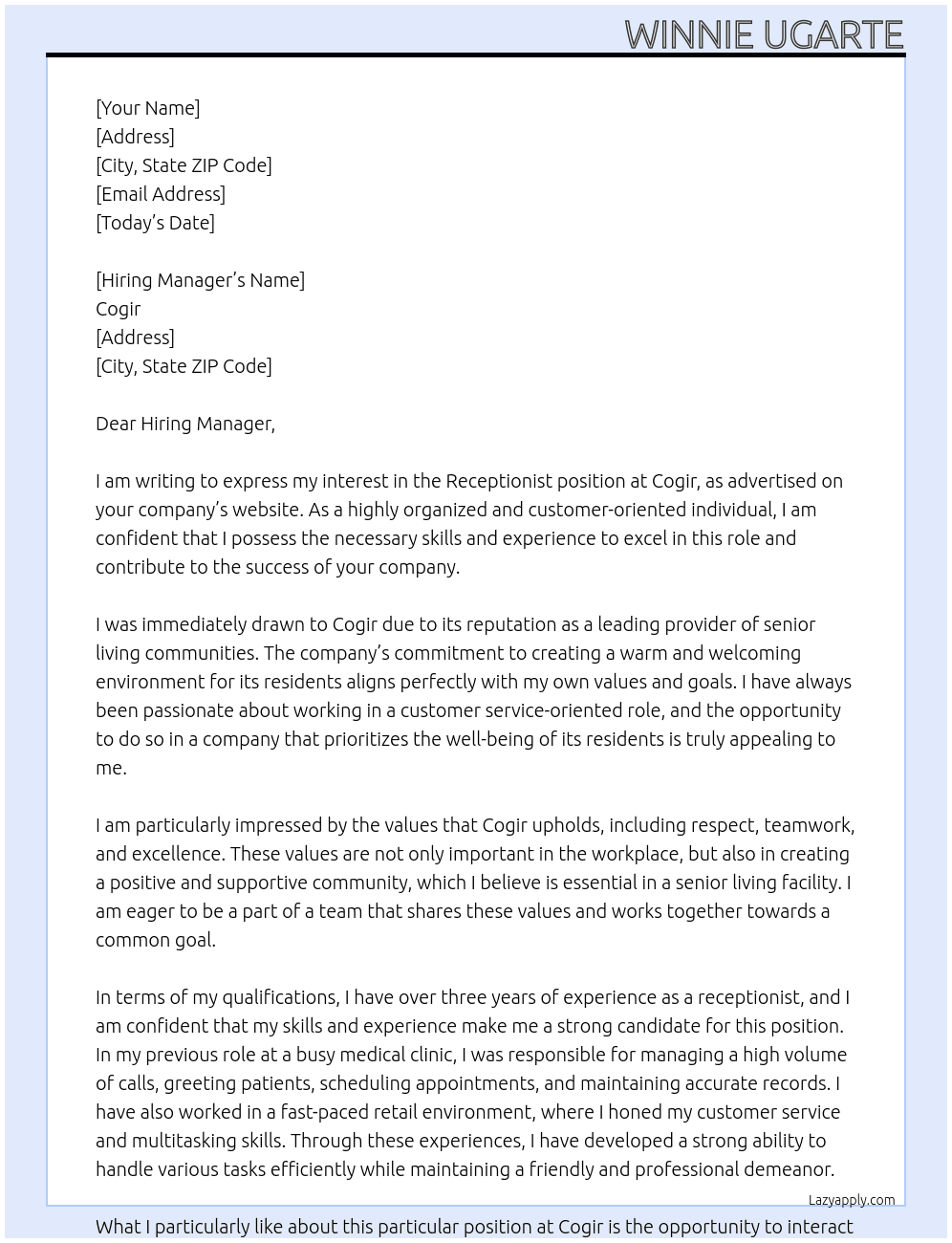 Receptionist At Cogir Cover Letter