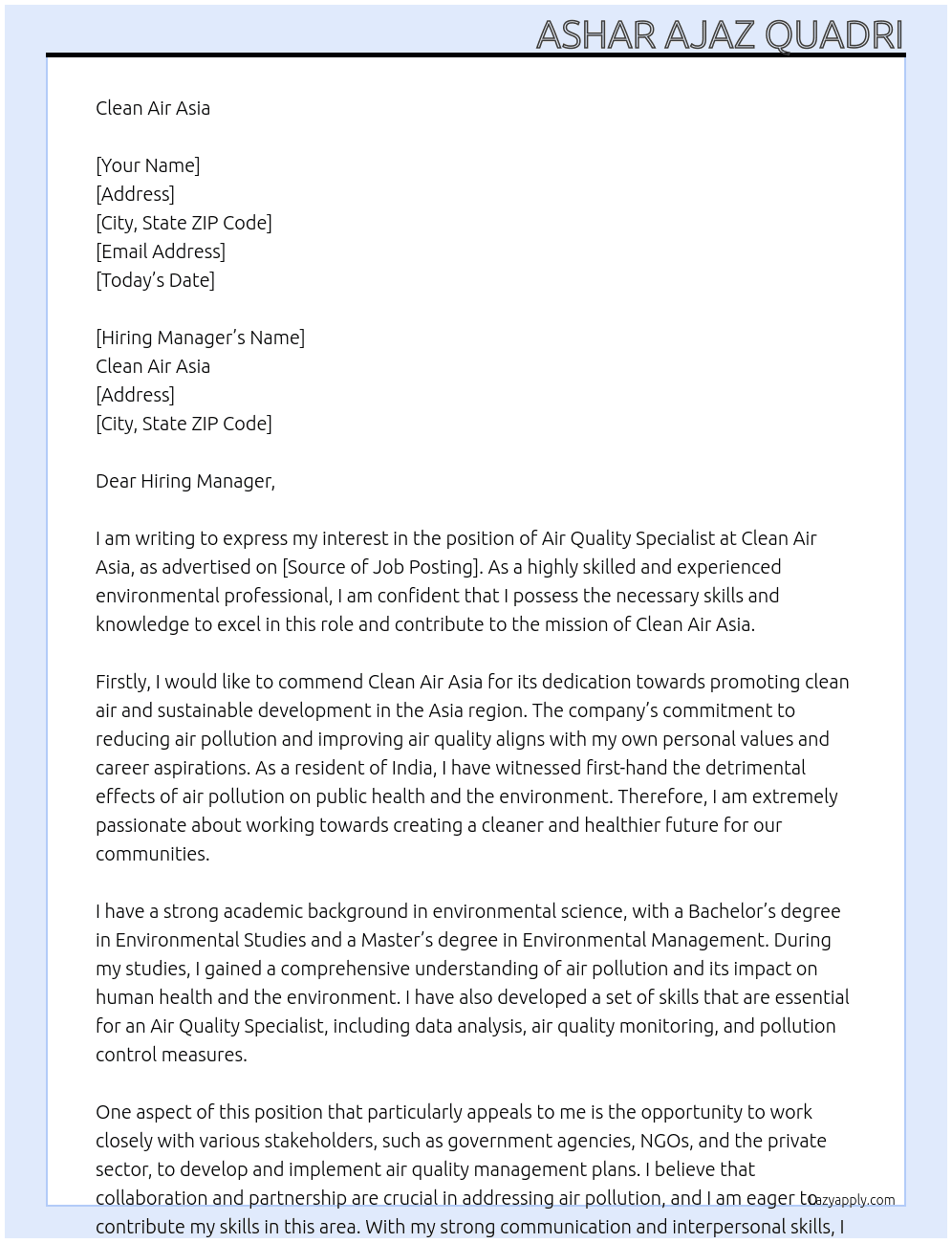 Air Quality Specialist , India Office At Clean Air Asia  Cover Letter