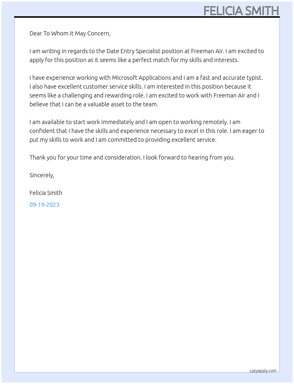 Date Entry Specialist At Freeman Air Cover Letter