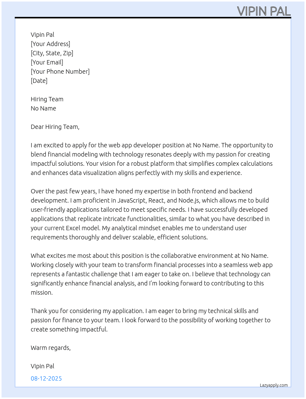 We are seeking a skilled web app developer to create a robust platform for our financial modeling needs. The ideal candidate will have experience in building user-friendly applications that can handle calculations and data visualization. We have an excel sheet that will show you how the model is currently done. Essentially we want to replicate the functionality of this model into a web app. You will work closely with our team to understand requirements and deliver a scalable solution. Proficiency in backend and frontend technologies is essential. If you are passionate about finance and technology, we want to hear from you! At No name  Cover Letter