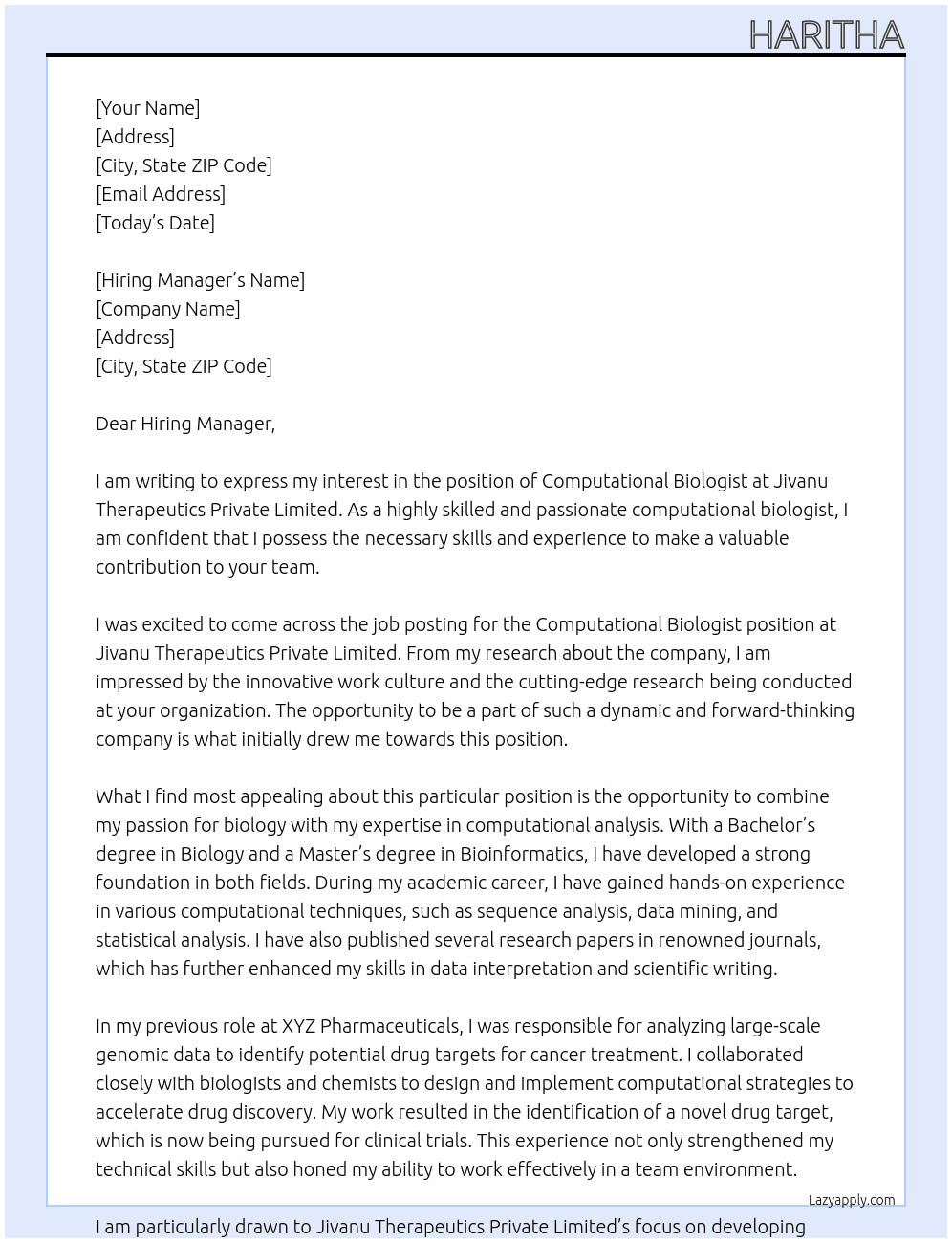 Computational biologist  At Jivanu Therapeutics Private Limited Cover Letter