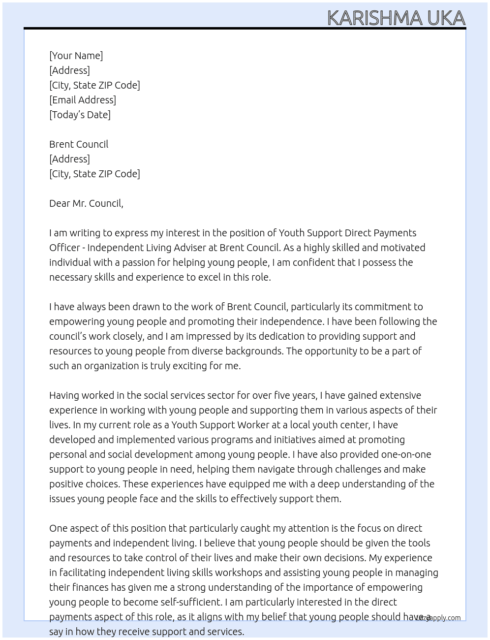 Youth SupporDirect Payments Officer - Independent Living Advisert Worker At Brent Council Cover Letter