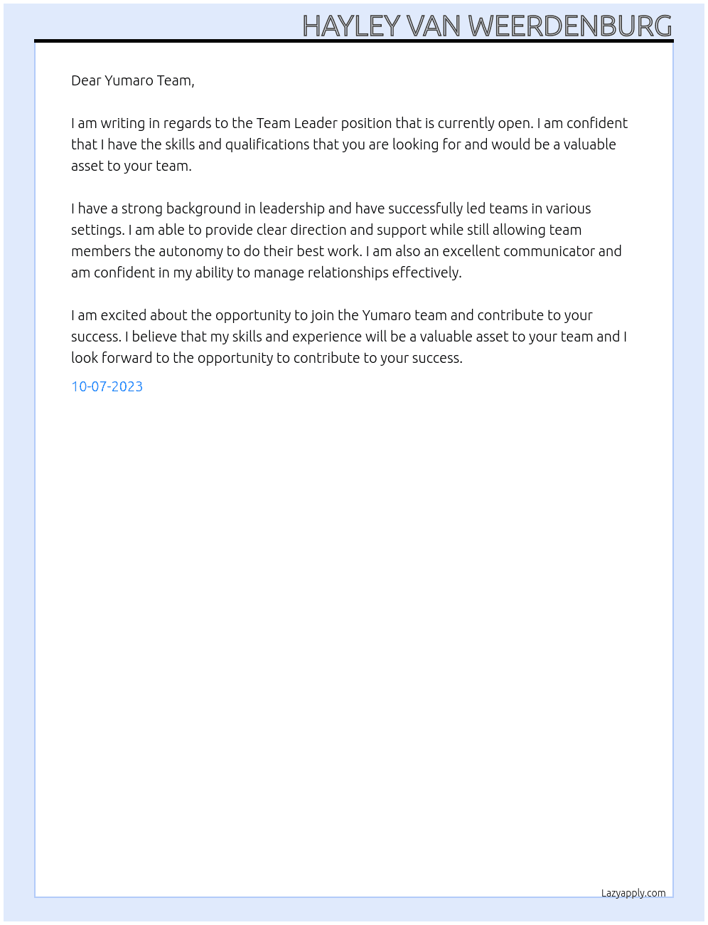 Team Leader At Yumaro Cover Letter