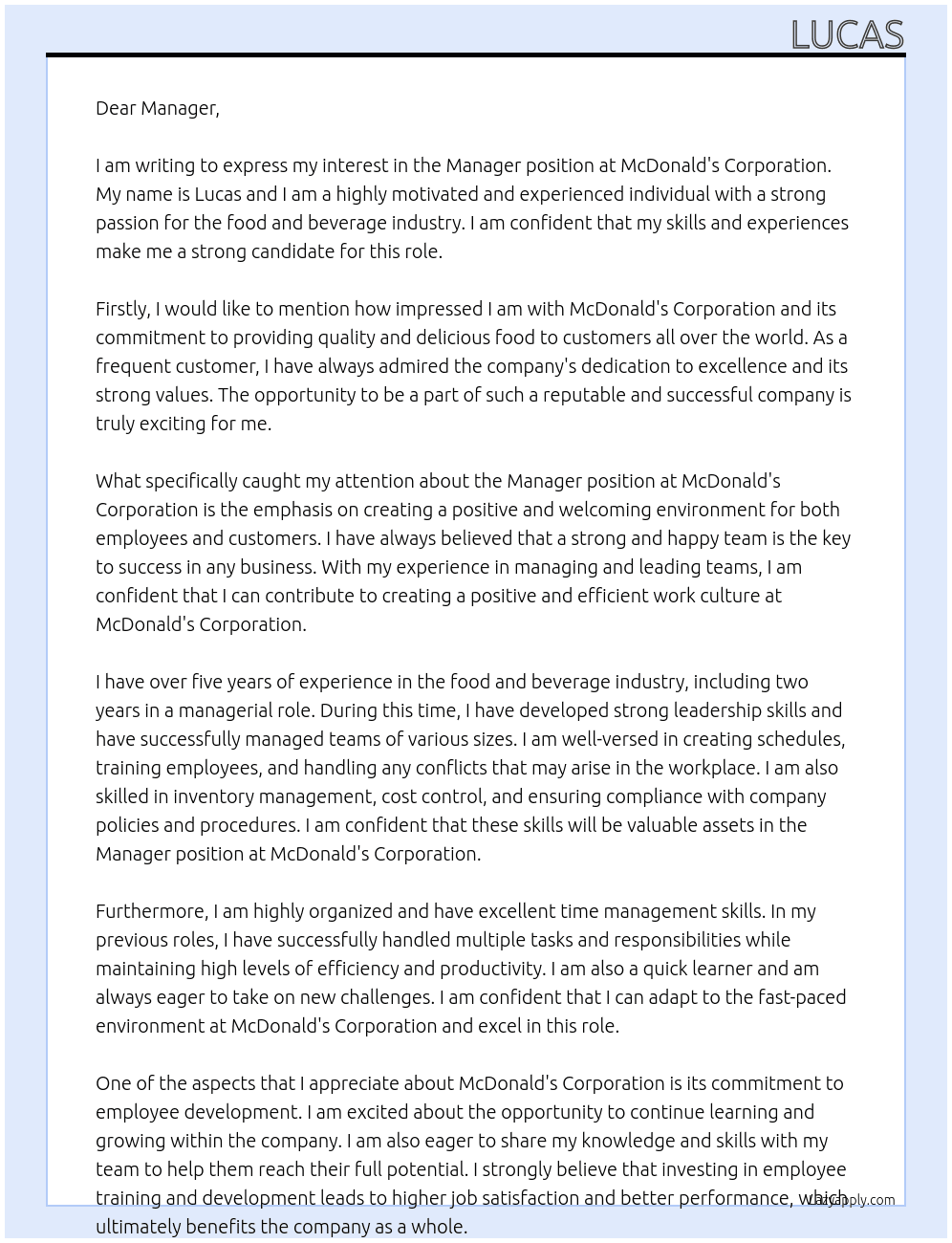 Manager At Mcdonald's Corporation Cover Letter
