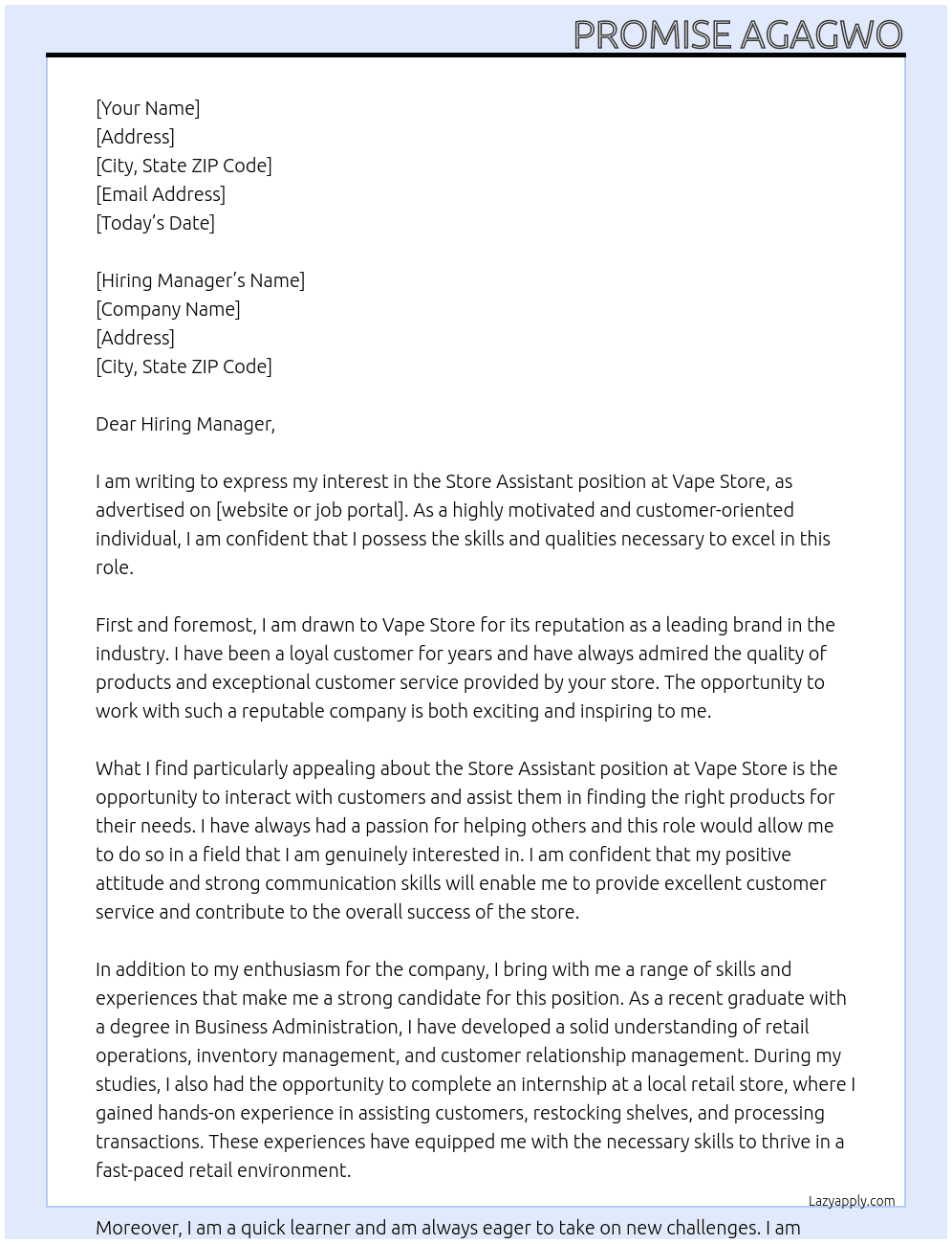 Store assistant  At Vape store  Cover Letter