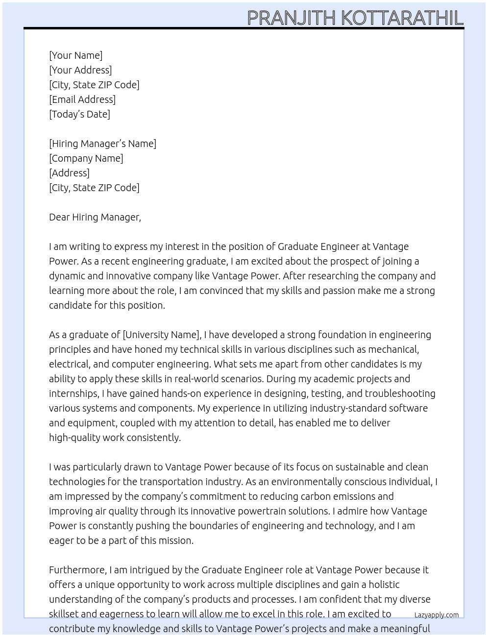 Graduate Engineer At Vantage Power Cover Letter