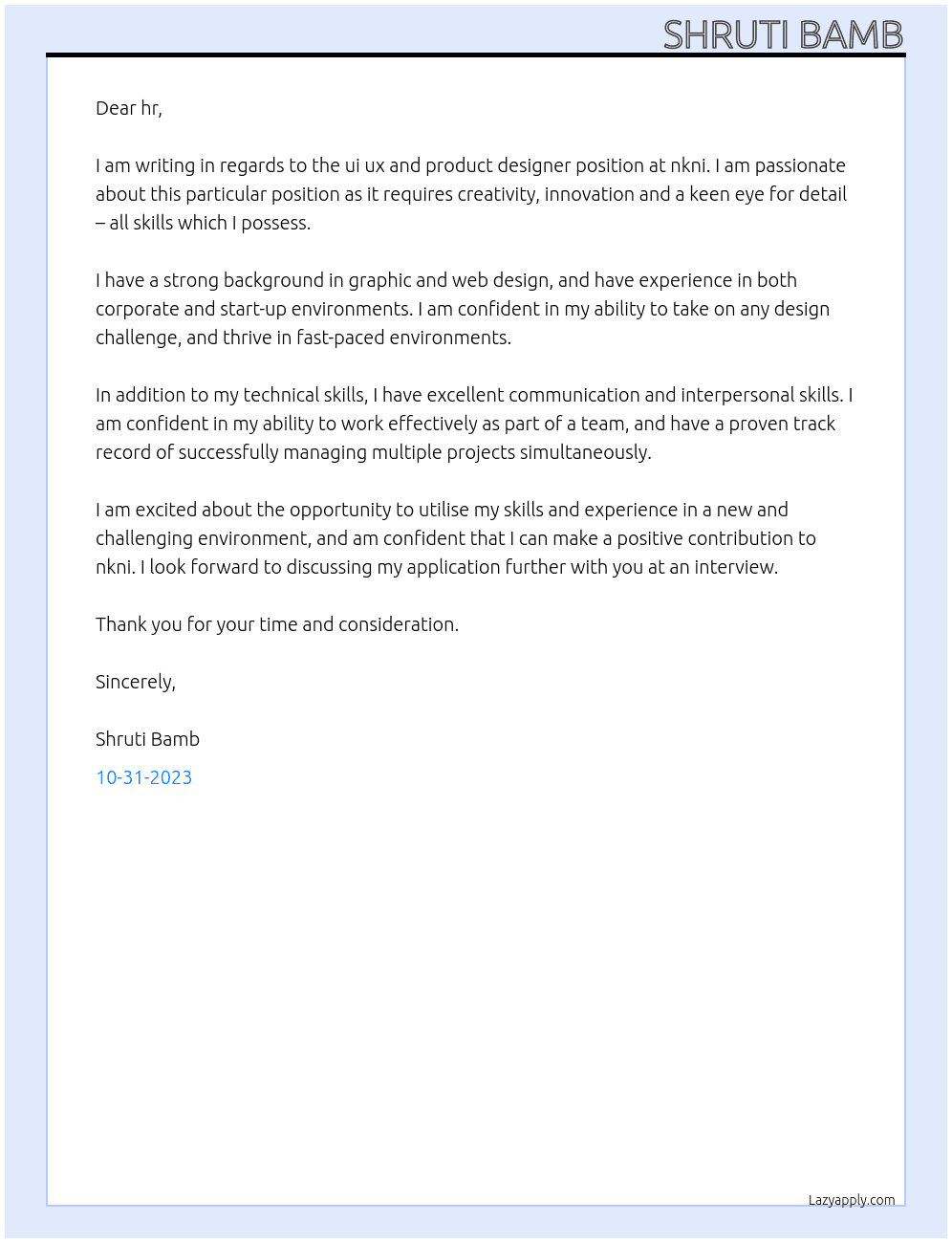 ui ux and product designer At nkni Cover Letter