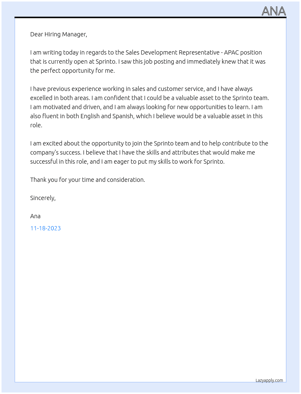 Sales Development Representative - APAC At Sprinto Cover Letter
