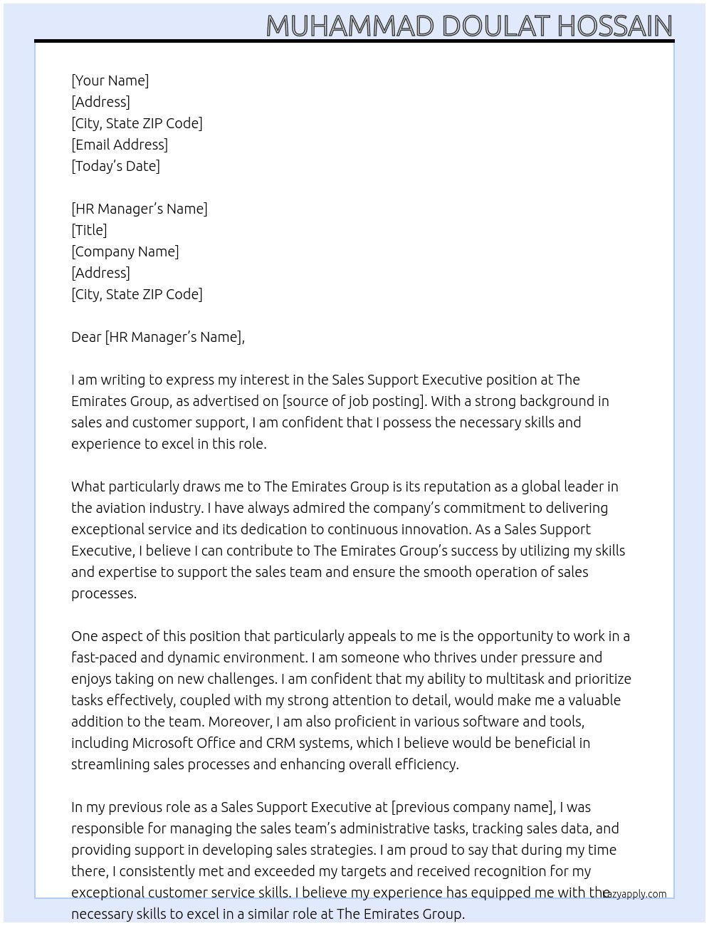 Cover letter for sales support executive - LazyApply