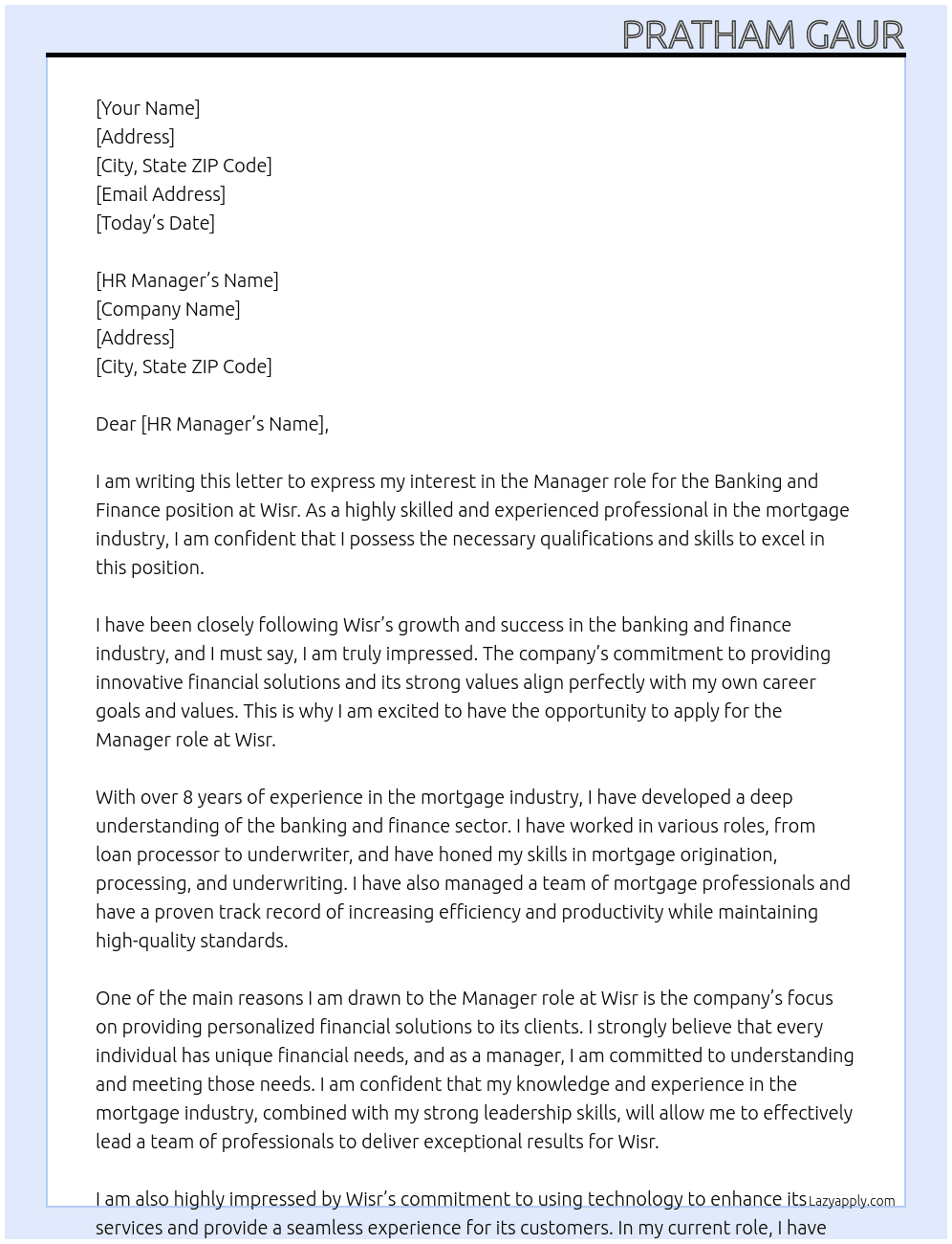 banking and finance At wisr Cover Letter