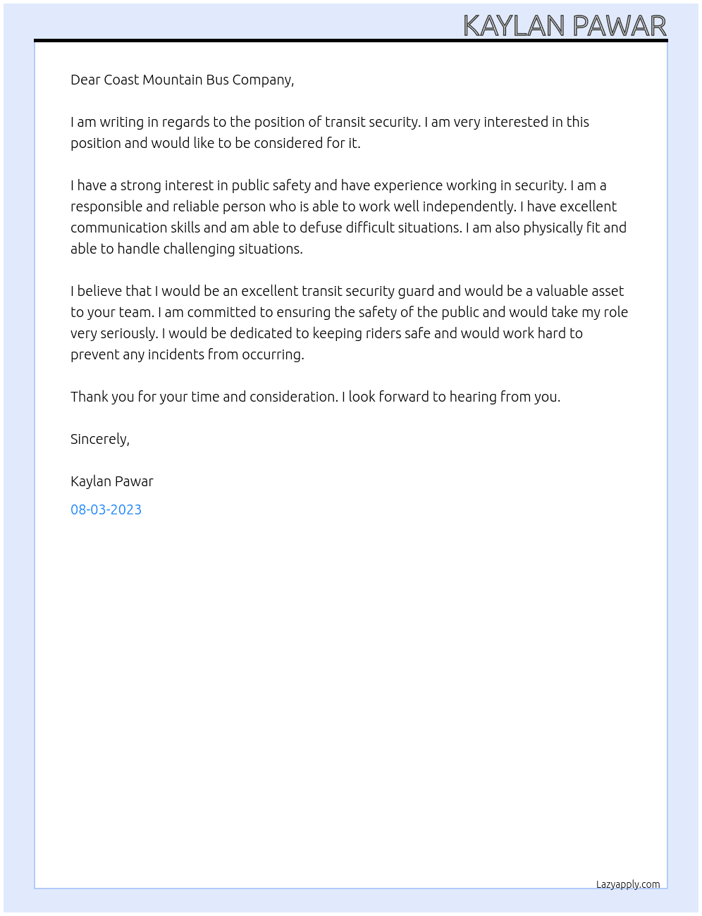 Transit security  At Coast Mountain Bus Company Cover Letter