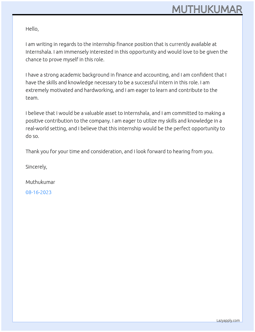 Internship Finance At Internshala Cover Letter