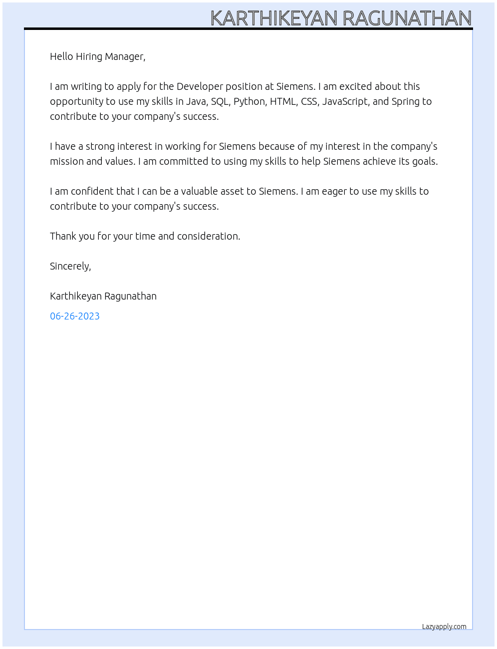 Developer  At Siemens  Cover Letter