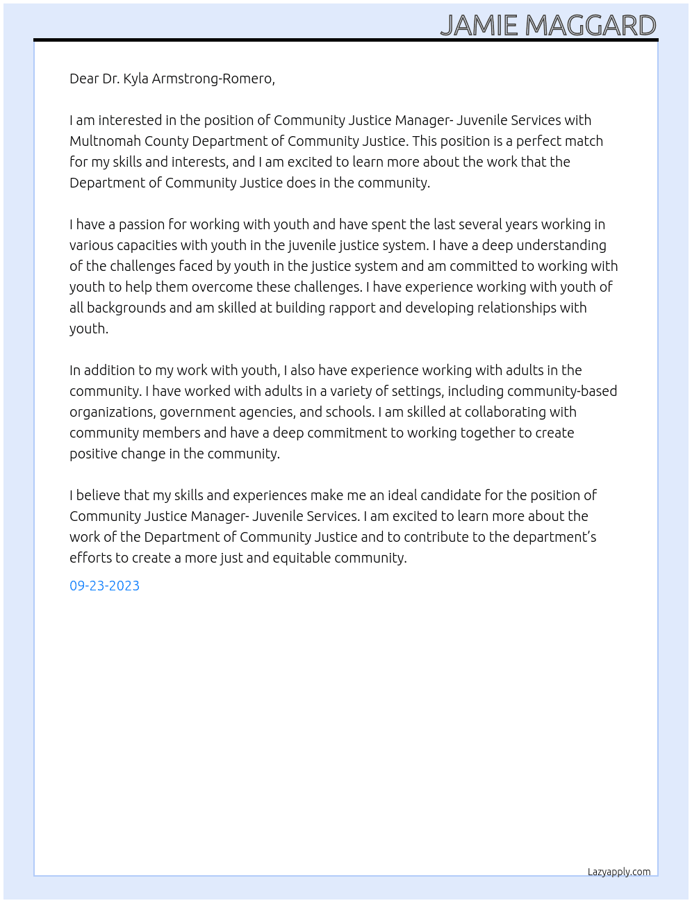 Community Justice Manager- Juvenile Services At Multnomah County Department of Community Justice Cover Letter