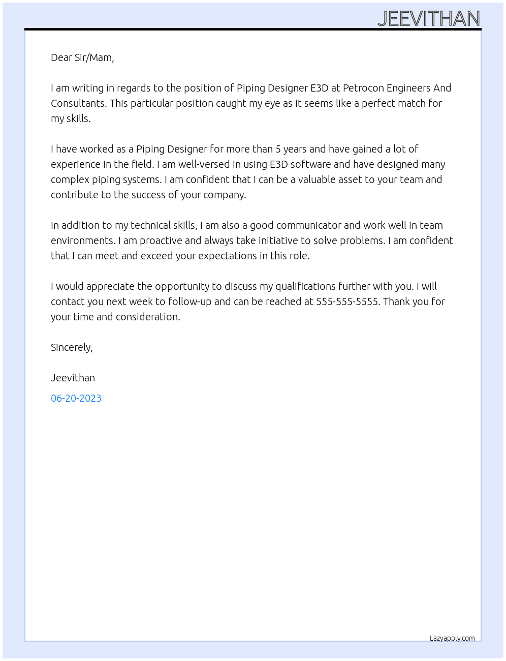 Piping Designer E3D At Petrocon Engineers And Consultants Cover Letter
