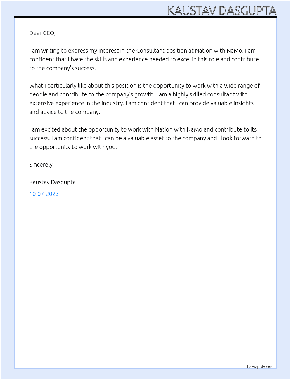 Consultant At Nation with NaMo Cover Letter
